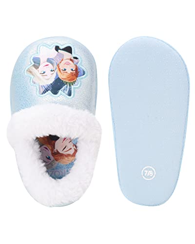 Disney Frozen Slippers Non-Slip Lightweight Comfy - Elsa Anna Fluffy Warm Comfort Soft Aline Plush Girls House Shoes - Ice Blue (Toddler - Little Kid)