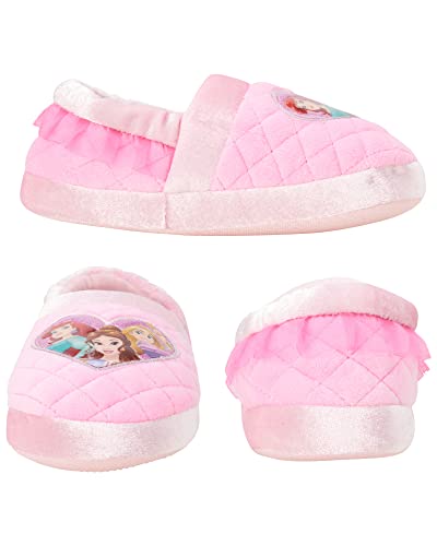 Disney Princess Slippers Cinderella Jasmine Ariel Rapunzel Tianna Belle - Plush Lightweight Warm Comfort Soft Aline Girls toddler House Slipper - Pink Bow (Toddler - Little Kid)