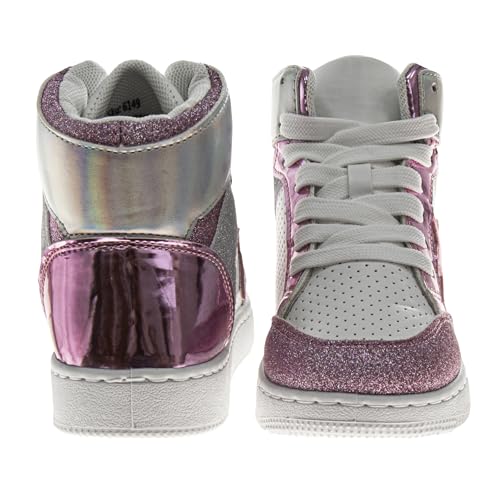 Kensie Girl Glittery High Top Sneakers for Kids - Starry Star Sneaker Lace Up Shoes Casual Footwear - White Silver Pink (Sizes Little Kid - Big Kid)