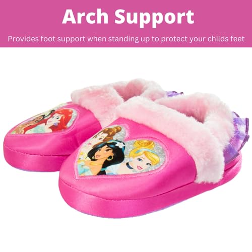 Disney Princess Slippers Cinderella Jasmine Ariel Rapunzel Tianna Belle - Plush Lightweight Warm Comfort Soft Aline Girls toddler House Slipper - Pink Bow (Toddler - Little Kid)