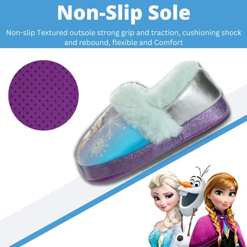 Disney Frozen Slippers Non-Slip Lightweight Comfy - Elsa Anna Fluffy Warm Comfort Soft Aline Plush Girls House Shoes - Ice Blue (Toddler - Little Kid)