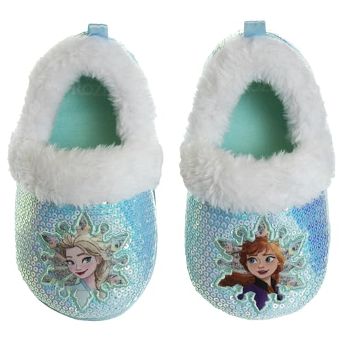 Disney Frozen Slippers Non-Slip Lightweight Comfy - Elsa Anna Fluffy Warm Comfort Soft Aline Plush Girls House Shoes - Ice Blue (Toddler - Little Kid)