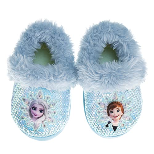 Disney Frozen Slippers Non-Slip Lightweight Comfy - Elsa Anna Fluffy Warm Comfort Soft Aline Plush Girls House Shoes - Ice Blue (Toddler - Little Kid)