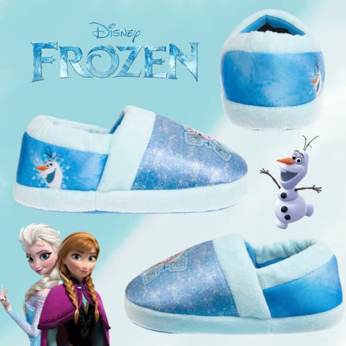 Disney Frozen Slippers Non-Slip Lightweight Comfy - Elsa Anna Fluffy Warm Comfort Soft Aline Plush Girls House Shoes - Ice Blue (Toddler - Little Kid)