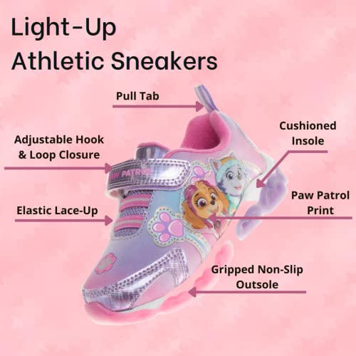 Zapatillas de deporte para niñas de Nickelodeon Paw Patrol: zapatillas deportivas ligeras y transpirables con luces LED para niños pequeños, Skye y Everest, sin cordones, para correr (para niños pequeños)