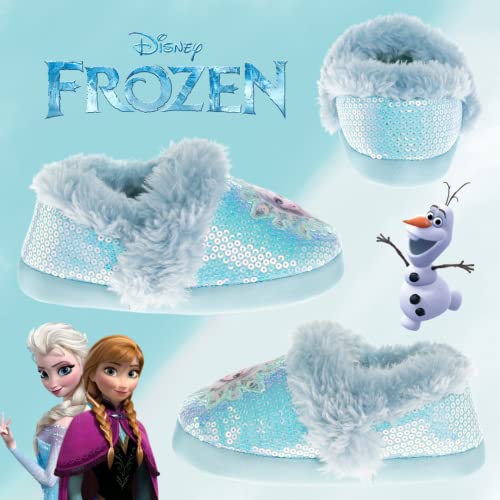 Disney Frozen Slippers Non-Slip Lightweight Comfy - Elsa Anna Fluffy Warm Comfort Soft Aline Plush Girls House Shoes - Ice Blue (Toddler - Little Kid)