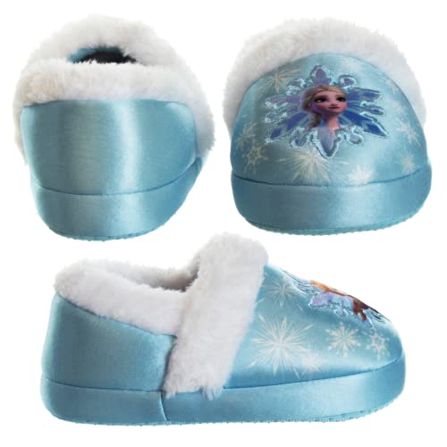 Disney Frozen Slippers Non-Slip Lightweight Comfy - Elsa Anna Fluffy Warm Comfort Soft Aline Plush Girls House Shoes - Ice Blue (Toddler - Little Kid)