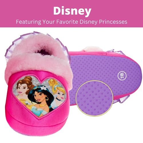 Disney Princess Slippers Cinderella Jasmine Ariel Rapunzel Tianna Belle - Plush Lightweight Warm Comfort Soft Aline Girls toddler House Slipper - Pink Bow (Toddler - Little Kid)