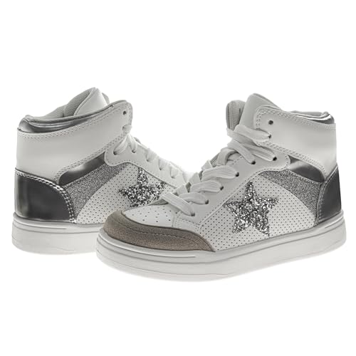 Kensie Girl Glittery High Top Sneakers for Kids - Starry Star Sneaker Lace Up Shoes Casual Footwear - White Silver Pink (Sizes Little Kid - Big Kid)