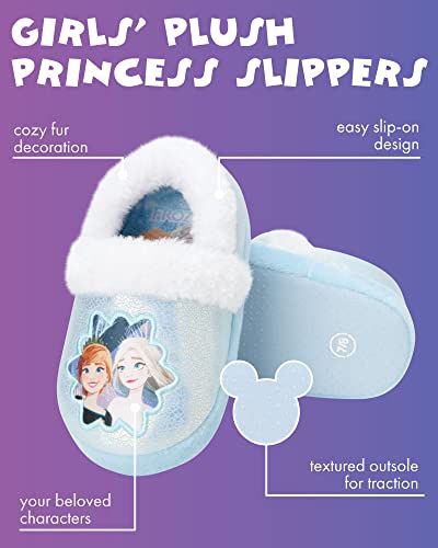 Disney Frozen Slippers Non-Slip Lightweight Comfy - Elsa Anna Fluffy Warm Comfort Soft Aline Plush Girls House Shoes - Ice Blue (Toddler - Little Kid)