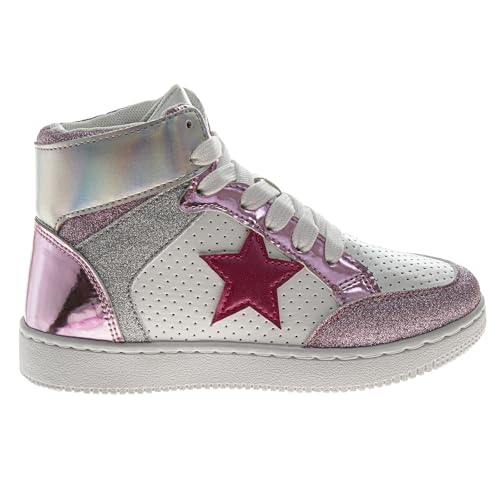 Kensie Girl Glittery High Top Sneakers for Kids - Starry Star Sneaker Lace Up Shoes Casual Footwear - White Silver Pink (Sizes Little Kid - Big Kid)