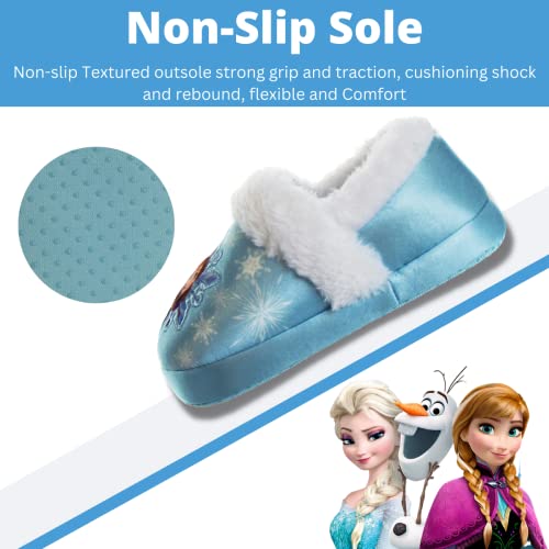 Disney Frozen Slippers Non-Slip Lightweight Comfy - Elsa Anna Fluffy Warm Comfort Soft Aline Plush Girls House Shoes - Ice Blue (Toddler - Little Kid)