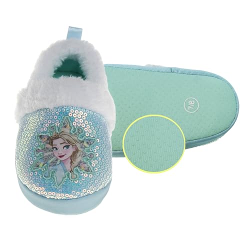 Disney Frozen Slippers Non-Slip Lightweight Comfy - Elsa Anna Fluffy Warm Comfort Soft Aline Plush Girls House Shoes - Ice Blue (Toddler - Little Kid)