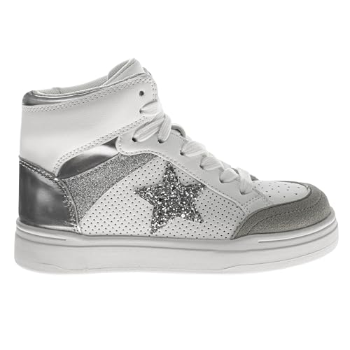 Kensie Girl Glittery High Top Sneakers for Kids - Starry Star Sneaker Lace Up Shoes Casual Footwear - White Silver Pink (Sizes Little Kid - Big Kid)