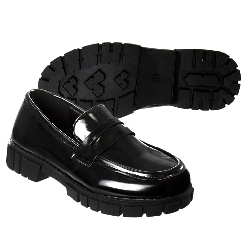 Zapatos Mary Jane con tiras en el tobillo y punta redonda para niñas de French Toast - Zapatos de vestir Oxford con plataforma gruesa Mary Jane - Negro (talla 7 para niñas pequeñas)