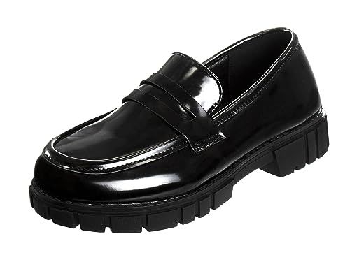 Zapatos Mary Jane con tiras en el tobillo y punta redonda para niñas de French Toast - Zapatos de vestir Oxford con plataforma gruesa Mary Jane - Negro (talla 7 para niñas pequeñas)