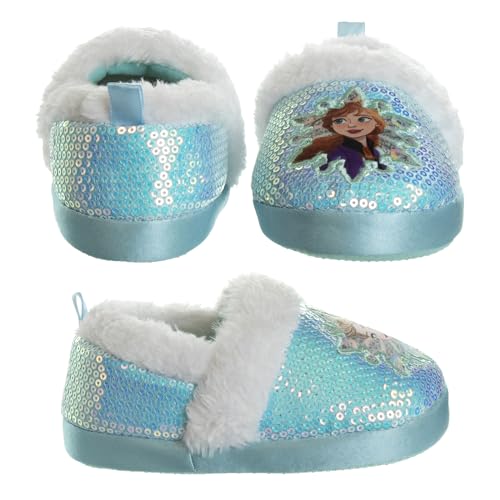 Disney Frozen Slippers Non-Slip Lightweight Comfy - Elsa Anna Fluffy Warm Comfort Soft Aline Plush Girls House Shoes - Ice Blue (Toddler - Little Kid)