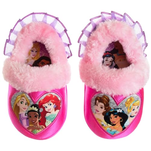 Disney Princess Slippers Cinderella Jasmine Ariel Rapunzel Tianna Belle - Plush Lightweight Warm Comfort Soft Aline Girls toddler House Slipper - Pink Bow (Toddler - Little Kid)