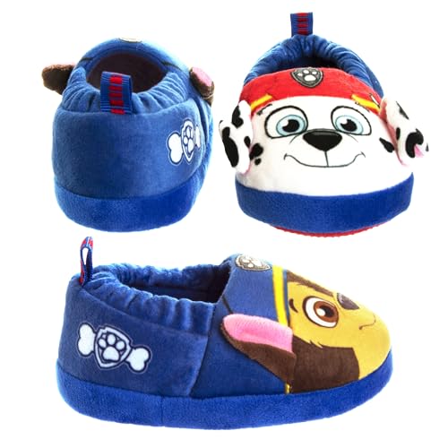 Pantuflas de Paw Patrol de Nickelodeon - Zapatillas de casa para niños Chase y Marshall - Pantuflas de casa suaves, cálidas y afelpadas para interiores - Orejas 3D azules (para niños pequeños)