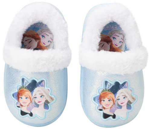 Disney Frozen Slippers Non-Slip Lightweight Comfy - Elsa Anna Fluffy Warm Comfort Soft Aline Plush Girls House Shoes - Ice Blue (Toddler - Little Kid)