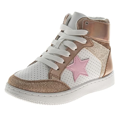 Kensie Girl Glittery High Top Sneakers for Kids - Starry Star Sneaker Lace Up Shoes Casual Footwear - White Silver Pink (Sizes Little Kid - Big Kid)