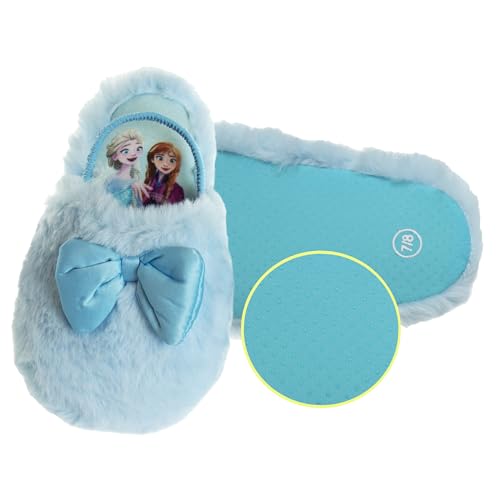 Disney Frozen Slippers Non-Slip Lightweight Comfy - Elsa Anna Fluffy Warm Comfort Soft Aline Plush Girls House Shoes - Ice Blue (Toddler - Little Kid)