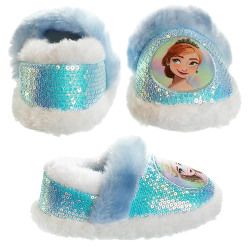 Disney Frozen Slippers Non-Slip Lightweight Comfy - Elsa Anna Fluffy Warm Comfort Soft Aline Plush Girls House Shoes - Ice Blue (Toddler - Little Kid)