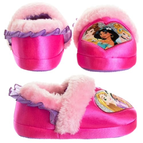 Disney Princess Slippers Cinderella Jasmine Ariel Rapunzel Tianna Belle - Plush Lightweight Warm Comfort Soft Aline Girls toddler House Slipper - Pink Bow (Toddler - Little Kid)