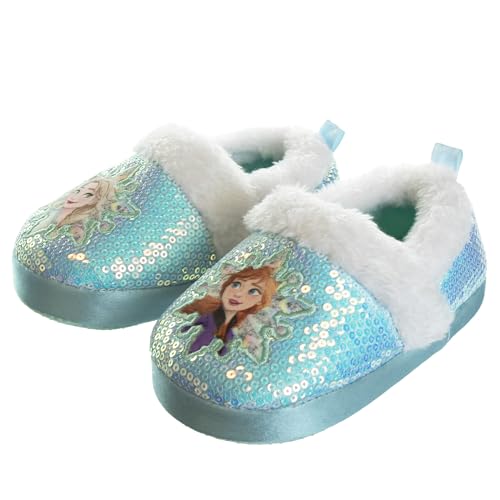 Disney Frozen Slippers Non-Slip Lightweight Comfy - Elsa Anna Fluffy Warm Comfort Soft Aline Plush Girls House Shoes - Ice Blue (Toddler - Little Kid)