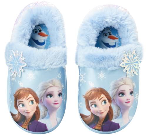 Disney Frozen Slippers Non-Slip Lightweight Comfy - Elsa Anna Fluffy Warm Comfort Soft Aline Plush Girls House Shoes - Ice Blue (Toddler - Little Kid)