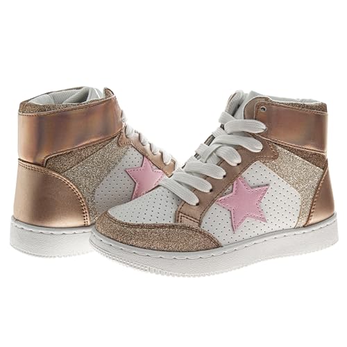 Kensie Girl Glittery High Top Sneakers for Kids - Starry Star Sneaker Lace Up Shoes Casual Footwear - White Silver Pink (Sizes Little Kid - Big Kid)