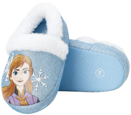 Disney Frozen Slippers Non-Slip Lightweight Comfy - Elsa Anna Fluffy Warm Comfort Soft Aline Plush Girls House Shoes - Ice Blue (Toddler - Little Kid)