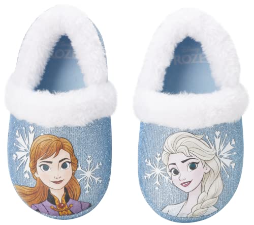 Disney Frozen Slippers Non-Slip Lightweight Comfy - Elsa Anna Fluffy Warm Comfort Soft Aline Plush Girls House Shoes - Ice Blue (Toddler - Little Kid)