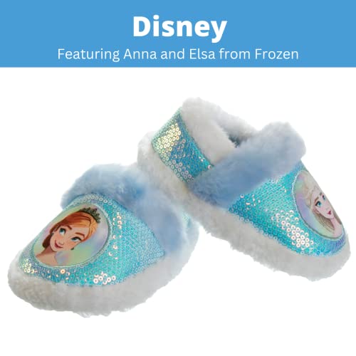 Disney Frozen Slippers Non-Slip Lightweight Comfy - Elsa Anna Fluffy Warm Comfort Soft Aline Plush Girls House Shoes - Ice Blue (Toddler - Little Kid)