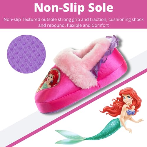 Disney Princess Slippers Cinderella Jasmine Ariel Rapunzel Tianna Belle - Plush Lightweight Warm Comfort Soft Aline Girls toddler House Slipper - Pink Bow (Toddler - Little Kid)