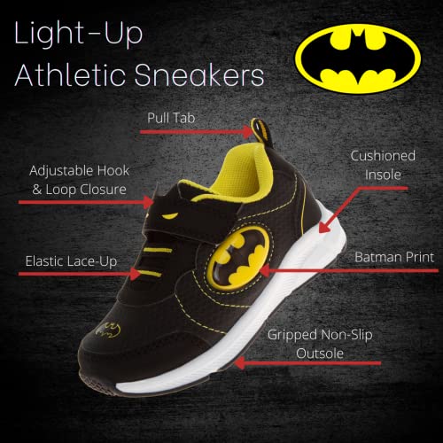 Josmo Boys Batman and The Flash Shoes - Zapatillas para niños pequeños con personajes de superhéroes, cómics, sin cordones, ligeras, transpirables, para correr, tenis con luz (talla para niños pequeños)