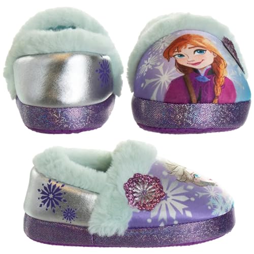 Disney Frozen Slippers Non-Slip Lightweight Comfy - Elsa Anna Fluffy Warm Comfort Soft Aline Plush Girls House Shoes - Ice Blue (Toddler - Little Kid)