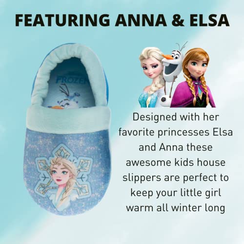 Disney Frozen Slippers Non-Slip Lightweight Comfy - Elsa Anna Fluffy Warm Comfort Soft Aline Plush Girls House Shoes - Ice Blue (Toddler - Little Kid)