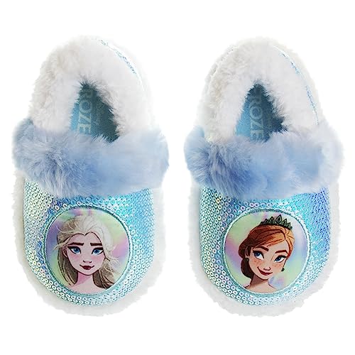 Disney Frozen Slippers Non-Slip Lightweight Comfy - Elsa Anna Fluffy Warm Comfort Soft Aline Plush Girls House Shoes - Ice Blue (Toddler - Little Kid)