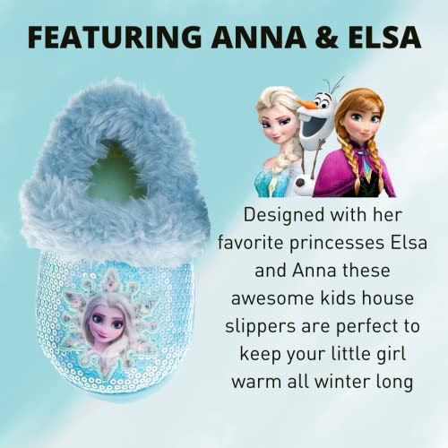 Disney Frozen Slippers Non-Slip Lightweight Comfy - Elsa Anna Fluffy Warm Comfort Soft Aline Plush Girls House Shoes - Ice Blue (Toddler - Little Kid)