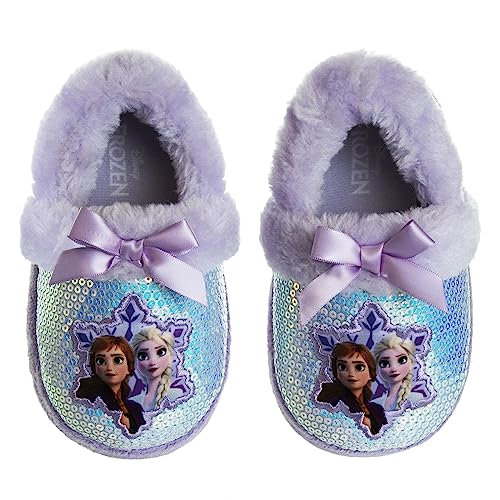 Disney Frozen Slippers Non-Slip Lightweight Comfy - Elsa Anna Fluffy Warm Comfort Soft Aline Plush Girls House Shoes - Ice Blue (Toddler - Little Kid)