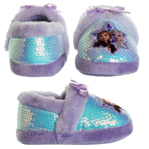 Disney Frozen Slippers Non-Slip Lightweight Comfy - Elsa Anna Fluffy Warm Comfort Soft Aline Plush Girls House Shoes - Ice Blue (Toddler - Little Kid)