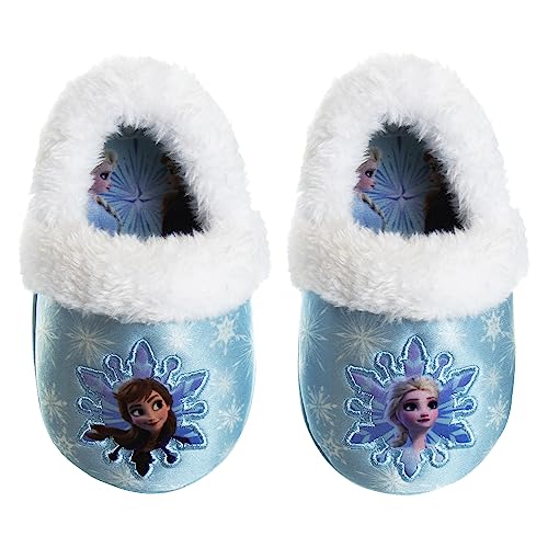 Disney Frozen Slippers Non-Slip Lightweight Comfy - Elsa Anna Fluffy Warm Comfort Soft Aline Plush Girls House Shoes - Ice Blue (Toddler - Little Kid)