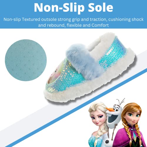 Disney Frozen Slippers Non-Slip Lightweight Comfy - Elsa Anna Fluffy Warm Comfort Soft Aline Plush Girls House Shoes - Ice Blue (Toddler - Little Kid)