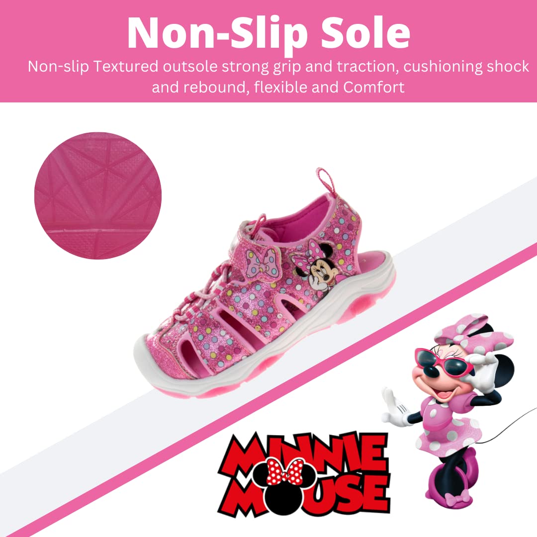 Disney Girls Minnie Mouse Sandals LED Light Up Water Shoes - Closed Toe SlipOn Waterproof Adjustable Strap Character Slides - Pink Glitter (Toddler - Little Kid)