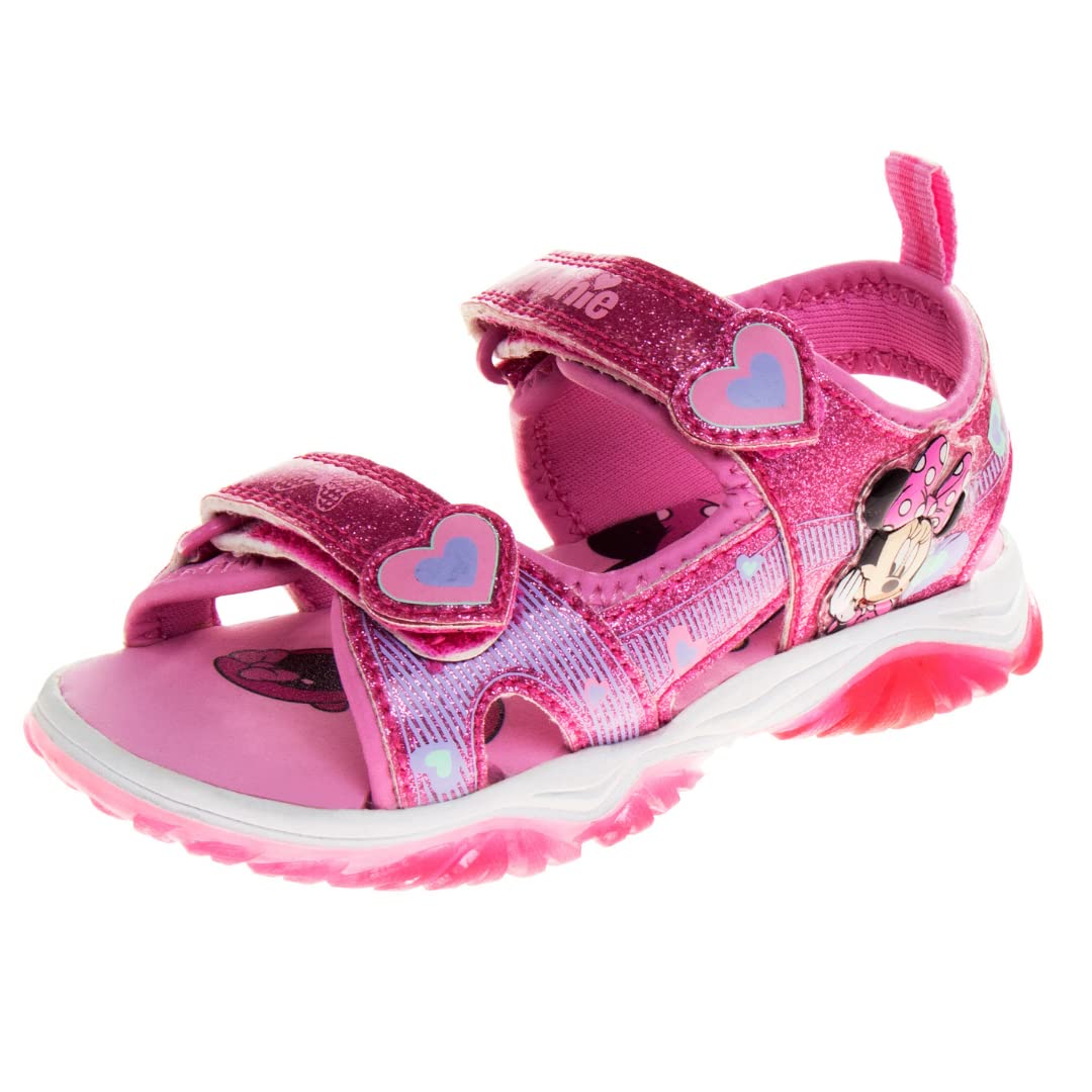 Disney Girls Minnie Mouse Sandals LED Light Up Water Shoes - Open Toe SlipOn Waterproof Adjustable Strap Character Slides - Pink Glitter (Toddler - Little Kid)