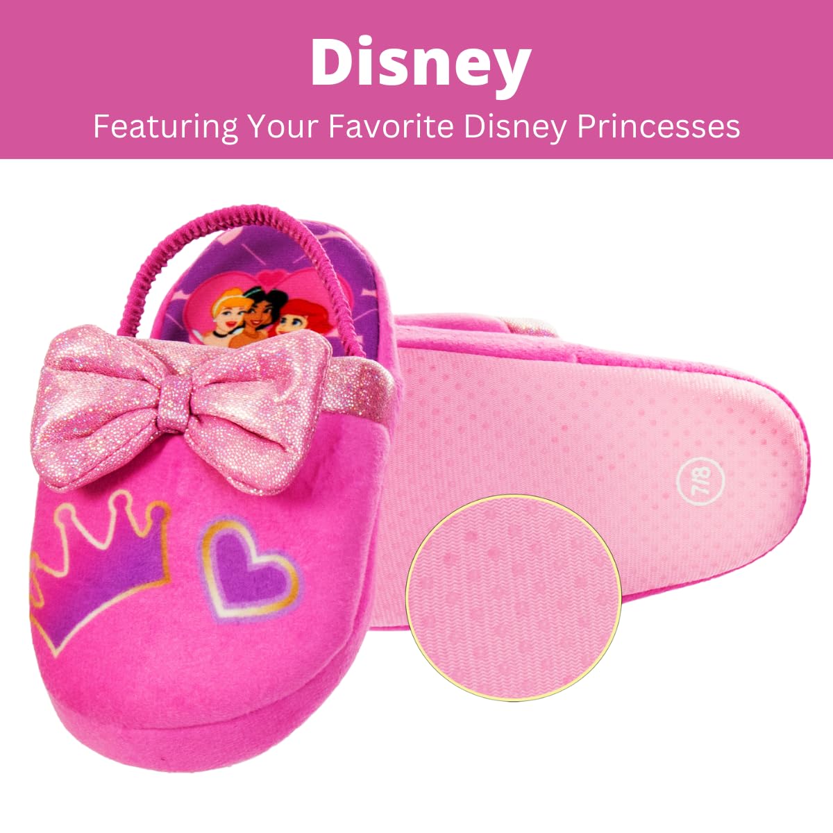 Disney Princess Slippers Cinderella Jasmine Ariel Rapunzel Tianna Belle - Plush Lightweight Warm Comfort Soft Aline Girls toddler House Slipper - Pink Bow (Toddler - Little Kid)