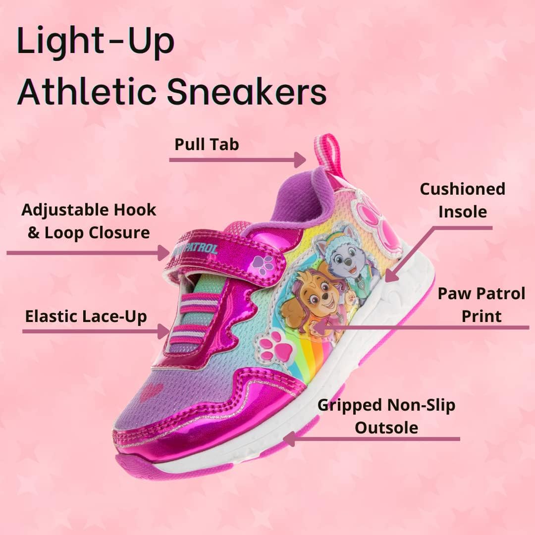 Zapatillas de deporte para niñas de Nickelodeon Paw Patrol: zapatillas deportivas ligeras y transpirables con luces LED para niños pequeños, Skye y Everest, sin cordones, para correr (para niños pequeños)