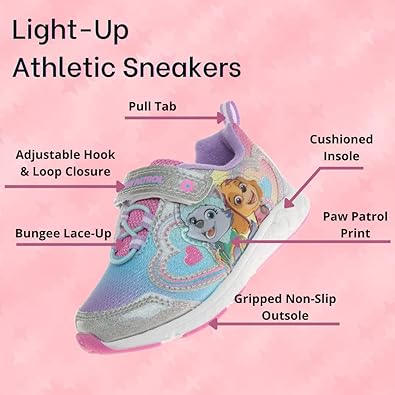 Zapatillas de deporte para niñas de Nickelodeon Paw Patrol: zapatillas deportivas ligeras y transpirables con luces LED para niños pequeños, Skye y Everest, sin cordones, para correr (para niños pequeños)