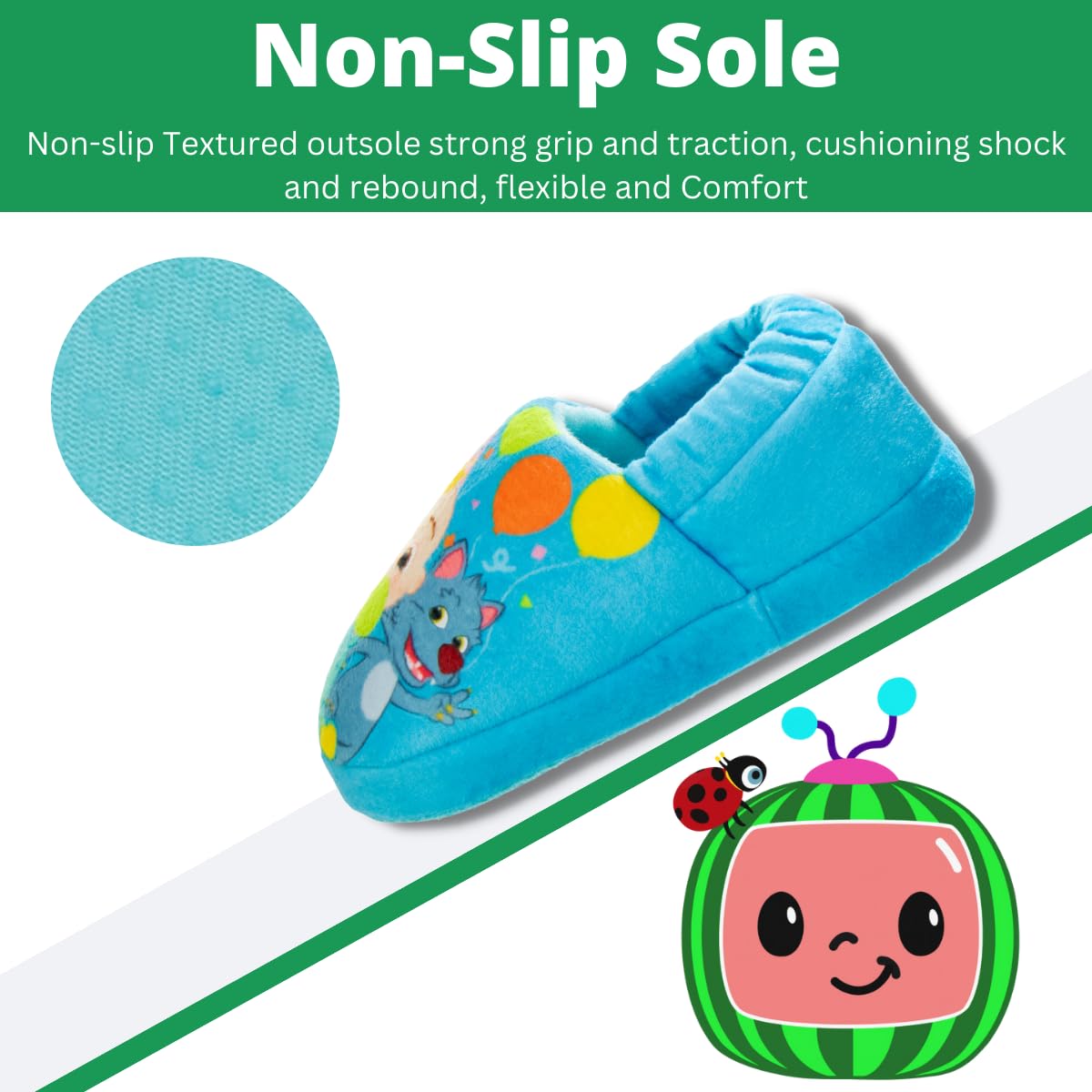 Pantuflas para niños pequeños Josmo Cocomelon: pantuflas para la casa para niños y niñas, cálidas y afelpadas, mocasines, pantuflas, zapatos cocomelon (para niños pequeños/infantes)